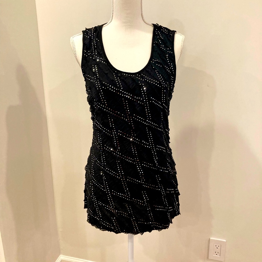 Black shimmer ruffle tank